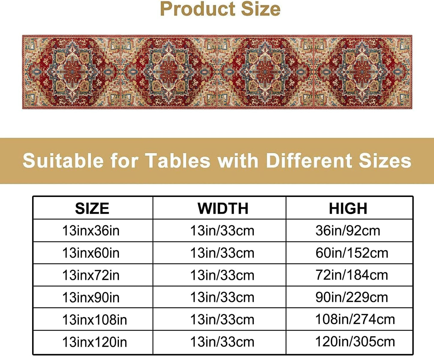 Boho Bohemia Style Table Runner, Vintage Red Brown Retro Flower Rustic Country Style Floral Print Pattern for Home Kitchen Table Decor Dining Coffee Room Garden Party Decor 13x72in