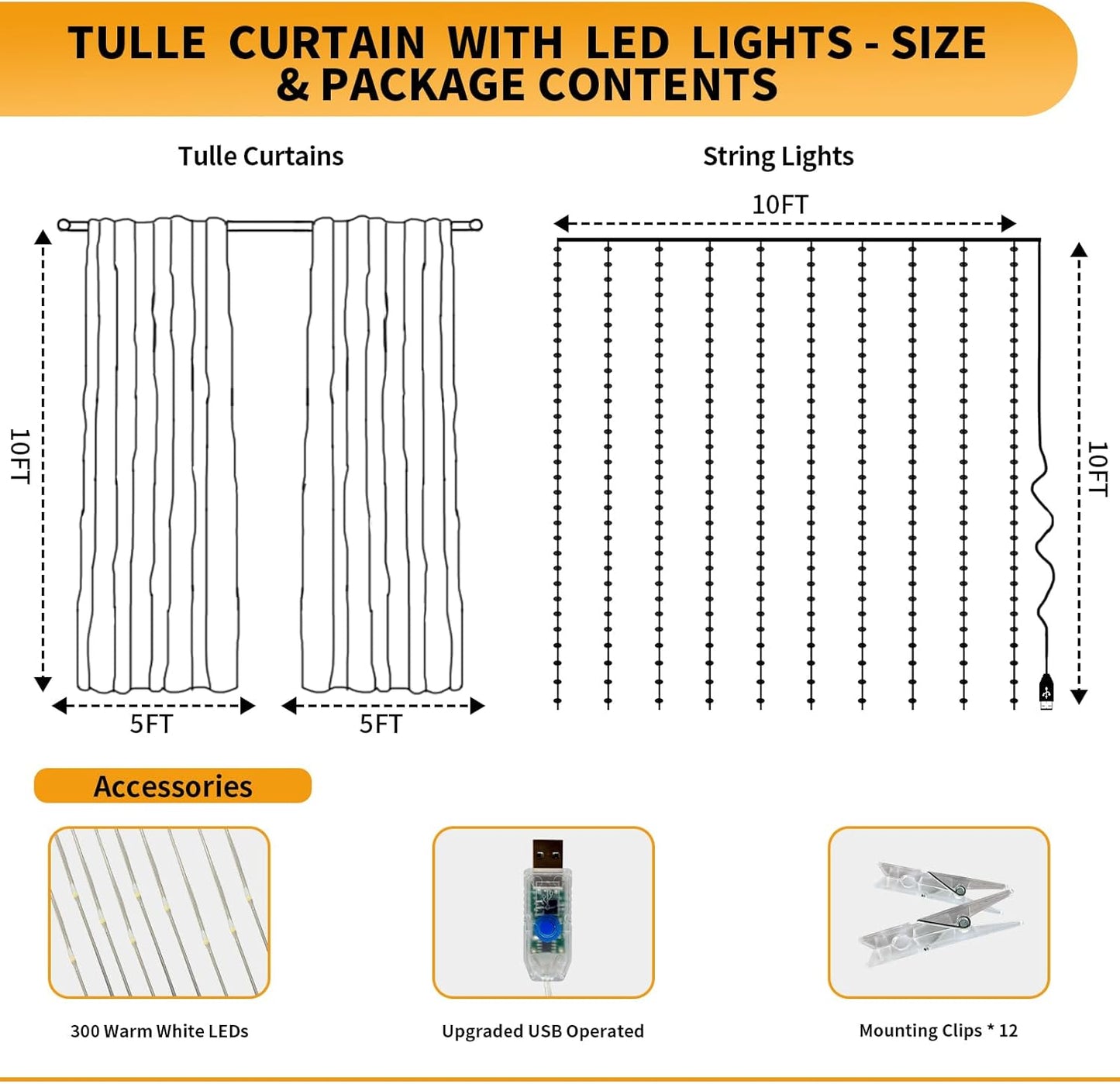 Ivory Tulle Backdrop Curtain with Lights String - 10x10ft Sheer Backdrop with 300 LEDs for Wedding, Baby Shower, Bridal Shower, Birthday Party Photo Shoot Background and Home Decorations