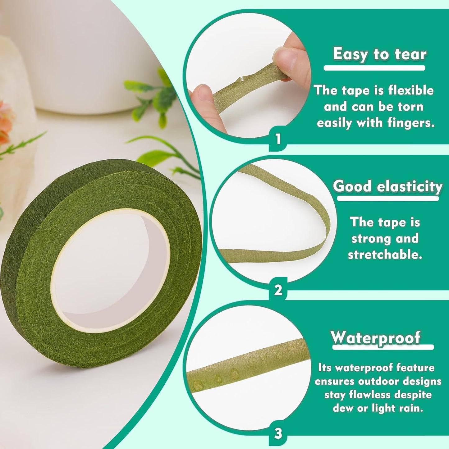 Floral Tape, 1/2inch Flower Tape, Green Flower Tape for Bouquet Stem Wrap Floral Arranging Craft Projects Corsages, Wedding Bouquet