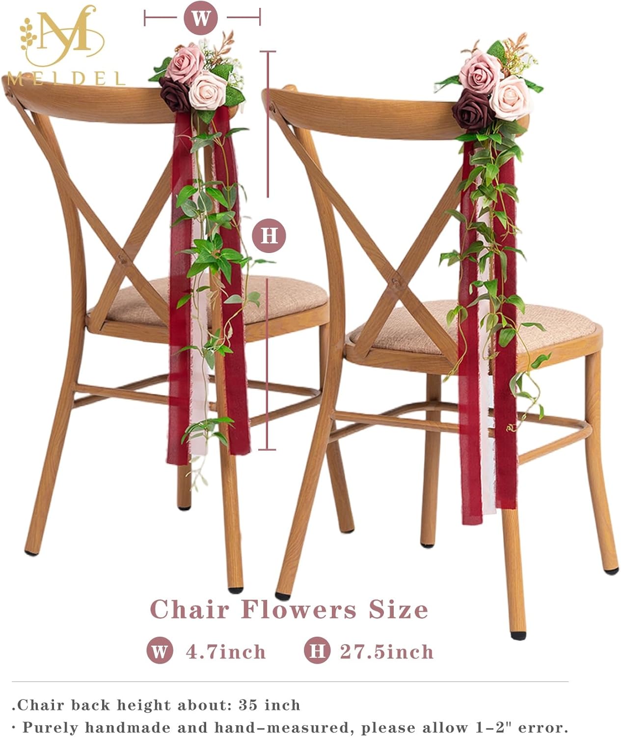 Meldel Wedding Aisle Decorations for Ceremony 10 Pcs/Set Burgundy Pink Rose Garland with Hanging Ribbons Church Chair Decorations Party Decor Arrangement Wedding Pew Decor Flower