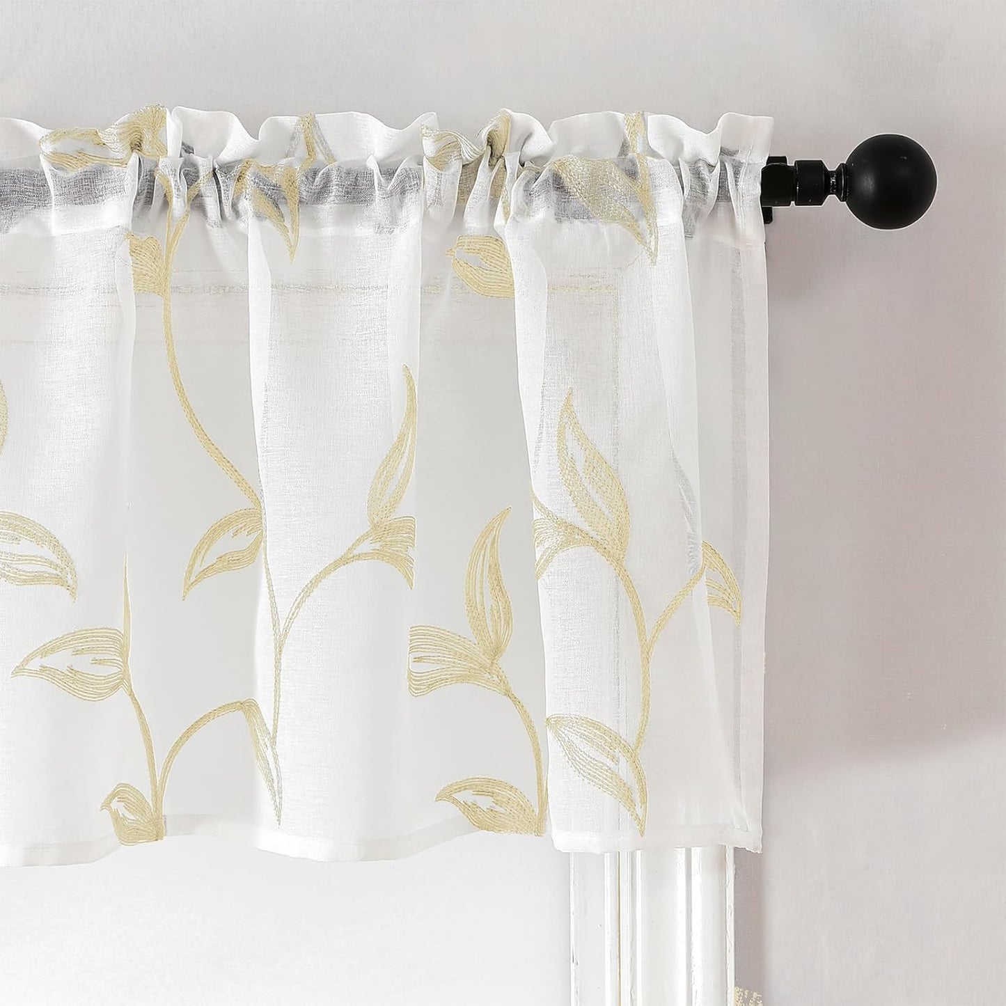 VISIONTEX Sheer Voile Curtain Valances, Decorative Leaves Embroidered, Rod Pocket Window Treatment for Kitchen/Rustic Bedroom/Living Room (54 x 16 Inch,1 Panel)