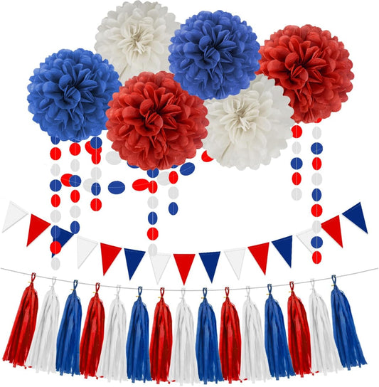 Red White Blue Party Decorations - 23pcs Tissue Paper Flower Pom Poms Tassel Garland Pennant Banner Flags Streamers Patriotic 4th of July American Independence National Day Graduation Birthday Decor