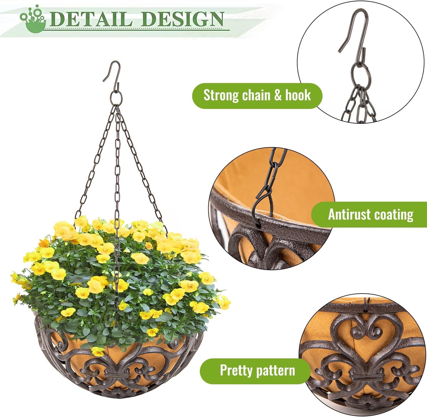 Sungmor 2PC 11" Dia. Large Cast Iron Hanging Baskets w/Fabric Liner, Rustic Brown Heavy-Duty Outdoor Hanging Planters Plant Pot Holders, Garden Yard Terrace Patio Porch Decorative Metal Flower Basket