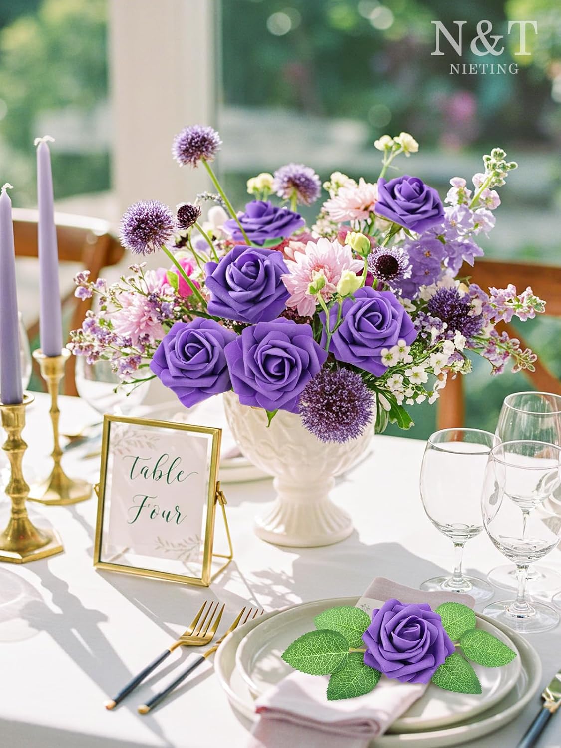 N&T NIETING Fake Flowers Purple Roses, 50Pcs Artificial Flowers Foam Roses with Stems for DIY Wedding Bridesmaid Bridal Bouquets Centerpieces Party Home Decoration Baby Showe