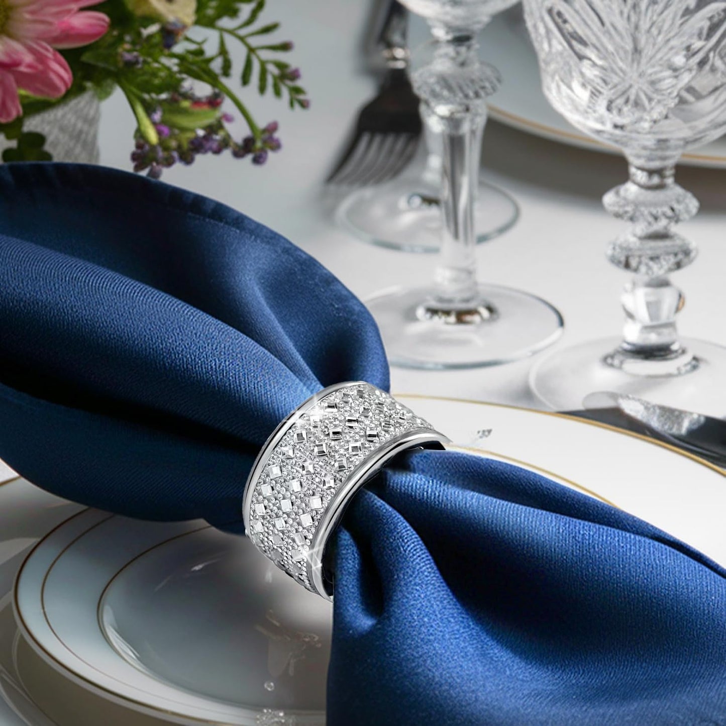 Rhinestone Napkin Rings Silver Set of 6,Crystal Napkin Holder Bling Diamond Serviette Buckles Tables Setting Decoration for Wedding Receptions, Christmas, Thanksgiving Holiday Party Dinner Parties