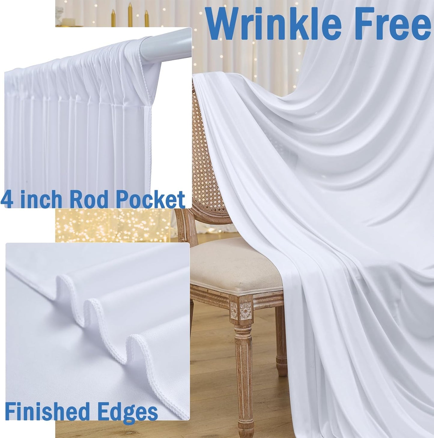 50ftx10ft Wrinkle Free White Backdrop Curtain for Party Background, 10 Panels Silky Polyester Photo Backdrop Drapes Back Drop Cloth for Wedding Birthday Photography Baby Shower Photoshoot Decor