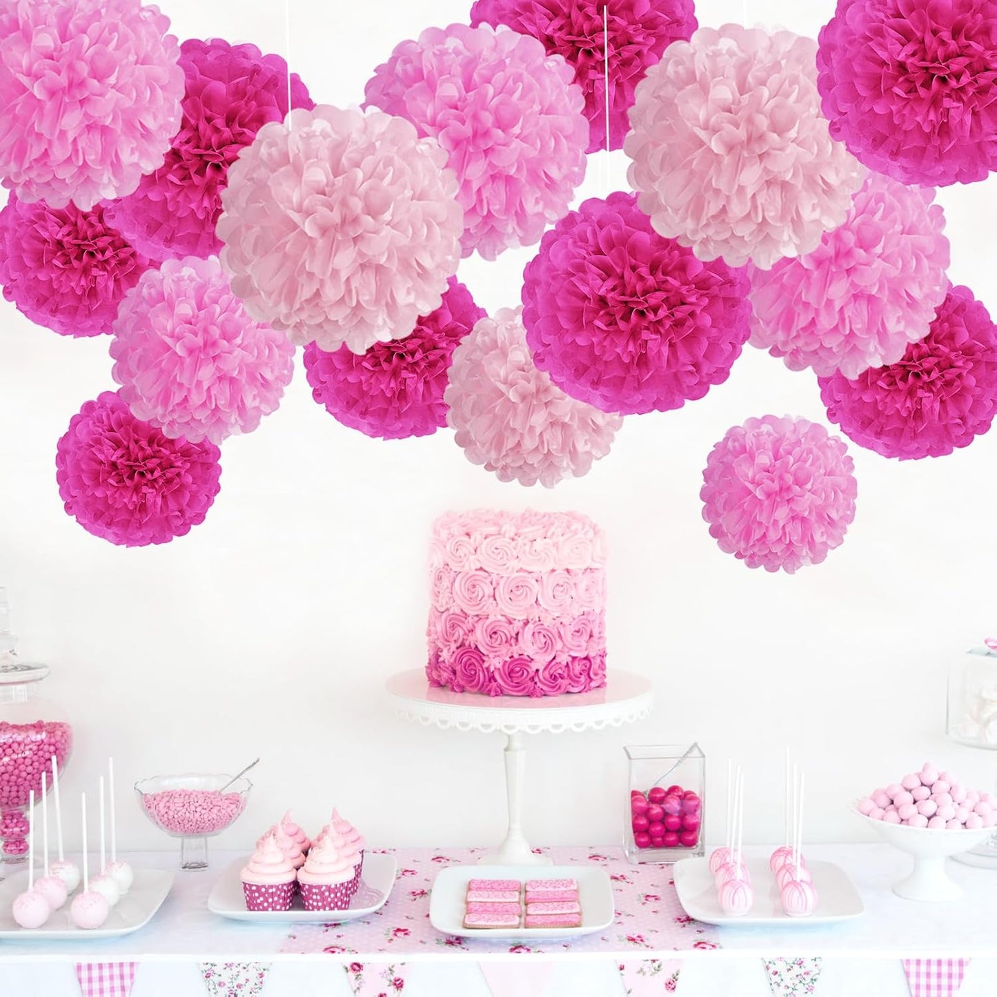 Hot Pink Tissue Pom Poms Paper Flowers Hanging Decorations Pink Flower Ball for Mother's Day Baby Shower Wedding Nursery Birthday Party Backdrop Home Outdoor