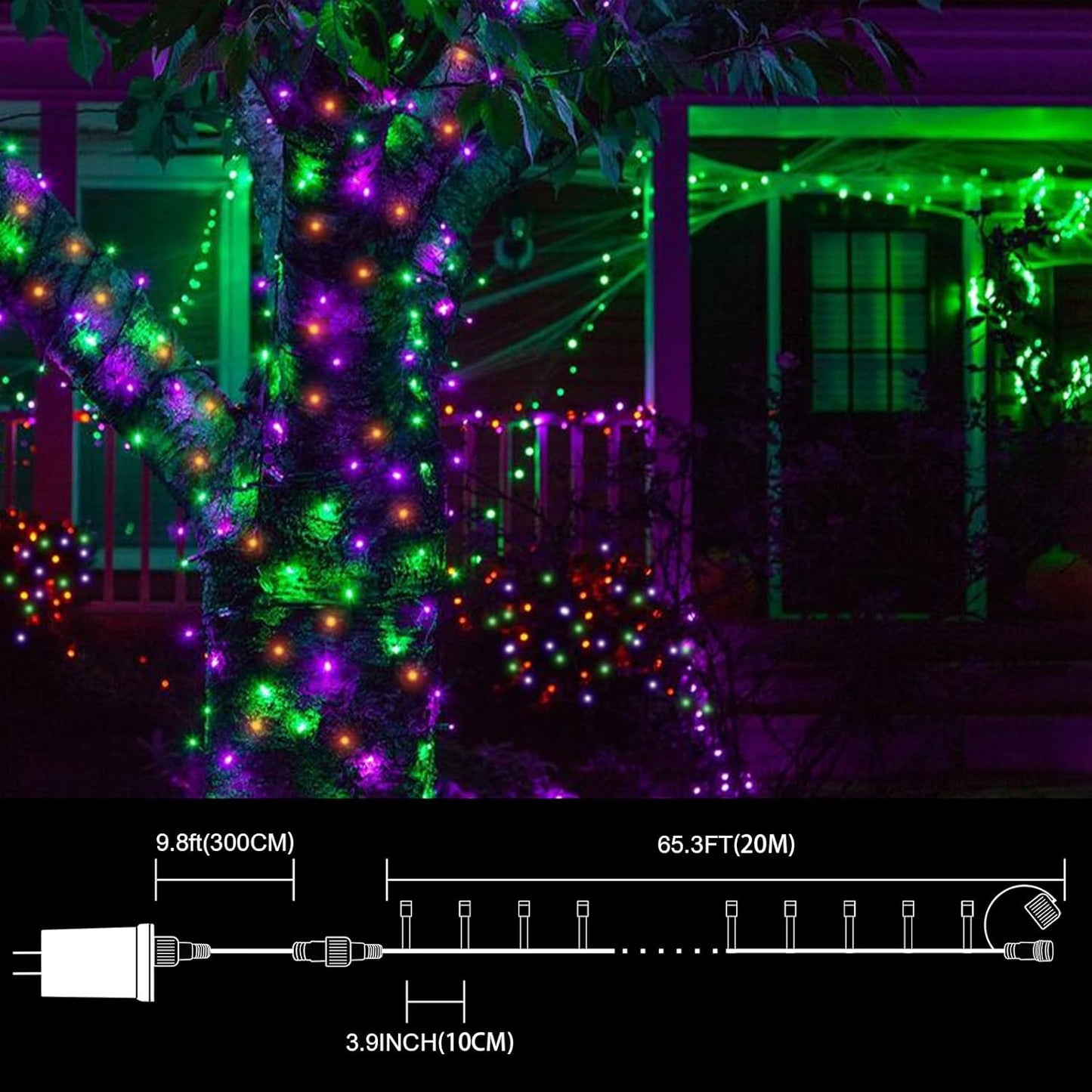 LAMPHOME 66ft Halloween Decorative Mini Lights, 200 LED Transparent Wire Fairy Starry String Lights Plug in, 16 Lighting Modes for Halloween Outdoor Party Decoration (Orange/Purple/Green)