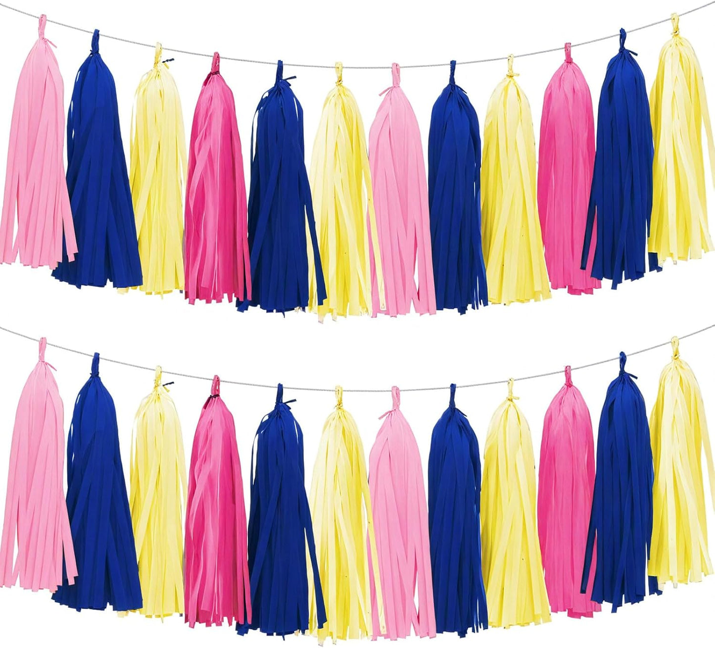 Tissue Paper Tassel Garland Banner, 20 Pack, Hot Pink Navy Blue Lemon Yellow Pink, Party Decorations for Birthday, Baby Shower
