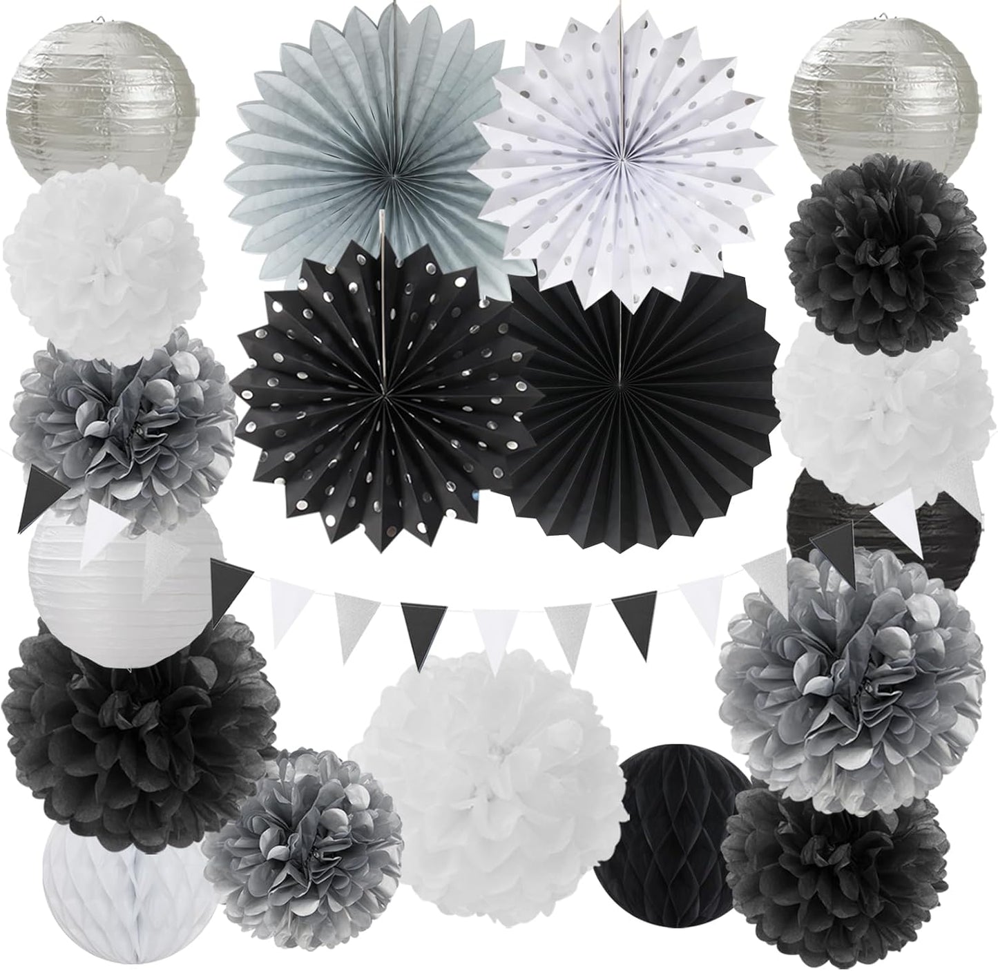 Black White Silver Party Decorations - 20pcs New Year Men Birthday Paper Lanterns Fans,Tissue Pom Poms,Honeycomb Balls,Bunting,Wedding Bachelorette Bridal Graduation Baby Decor Burgleda