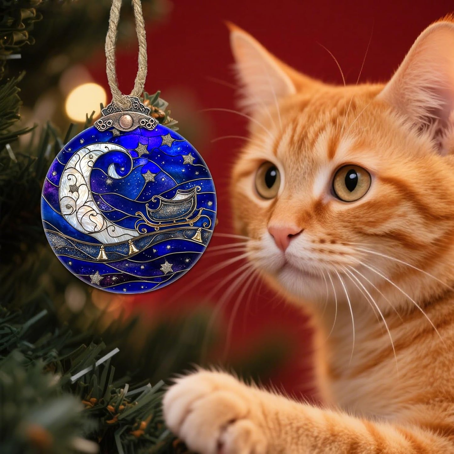 Stained Glass Christmas Decorations, Blue Starry Sky Silver Moon Suncatcher for Window Christmas Tree Hanging Ornaments Bell Sun Catcher Xmas Decor Gifts for Women Men Mom Nana Friend