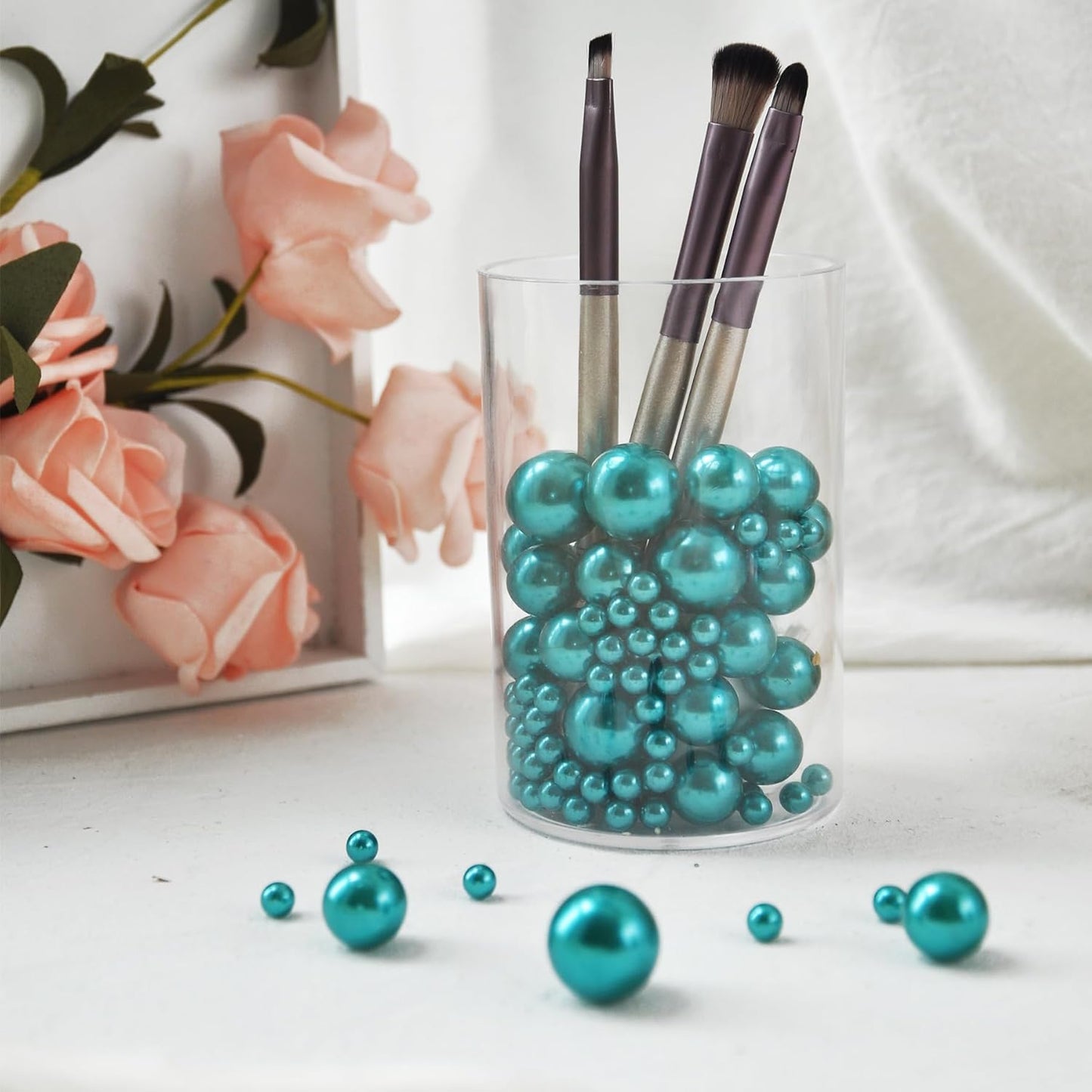 260Pcs Turquoise Glossy Beads for Centerpiece Decor, Artifical Pearls Vase Filler, Makeup Brush Beads, No Hole Round Pearl Beads for Wedding Birthday Christmas Party Home Decor(18mm 14mm 6mm)