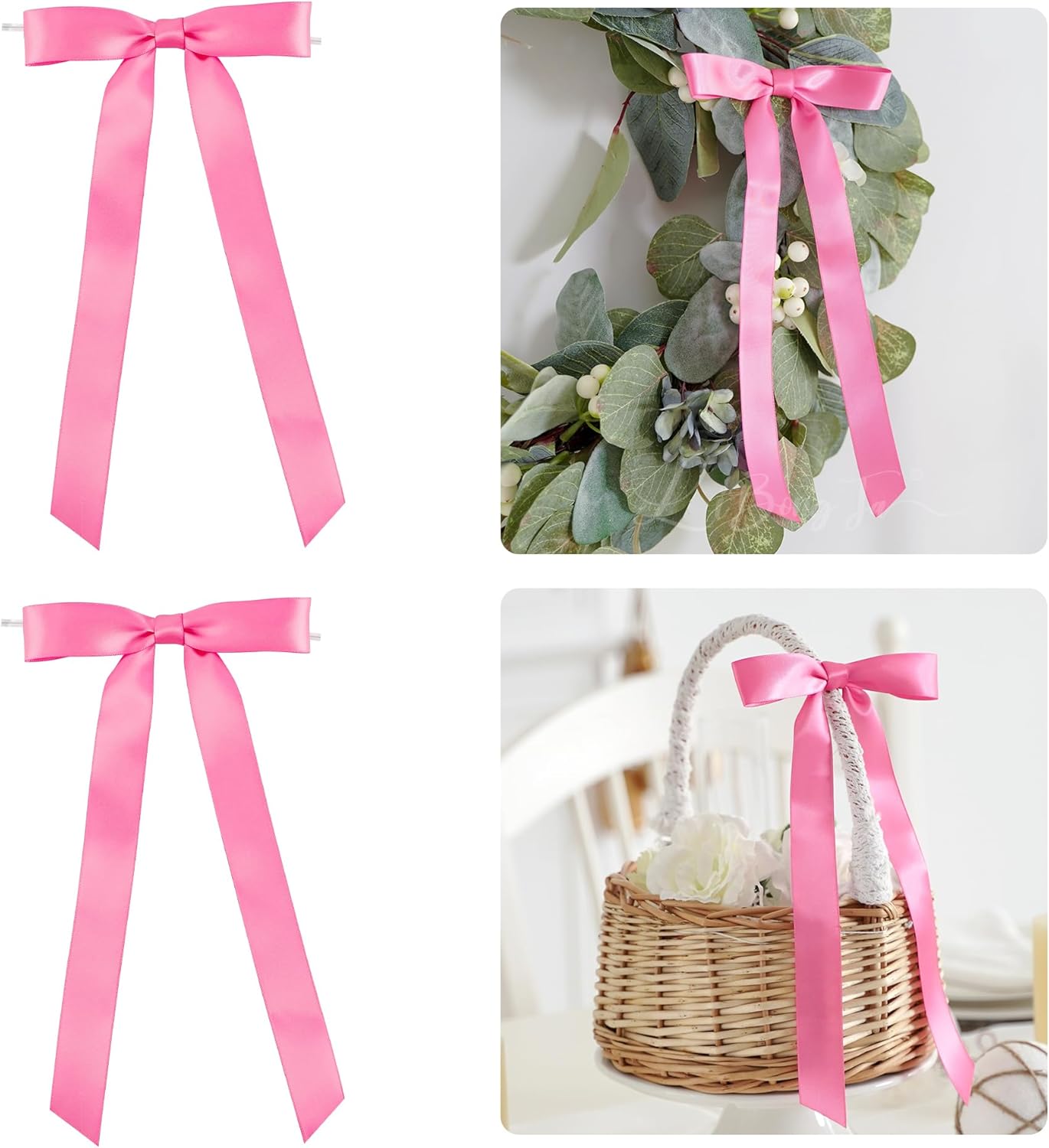 50 PCs Hot Pink Bow Decor 5.5'' Satin Bows with Long Tail, Twist Tie Bows for Craft, Packaging Ribbon Bows, Premade Bows for Cake Decorating, Gift Bows for Treat, Wedding Favor, Party