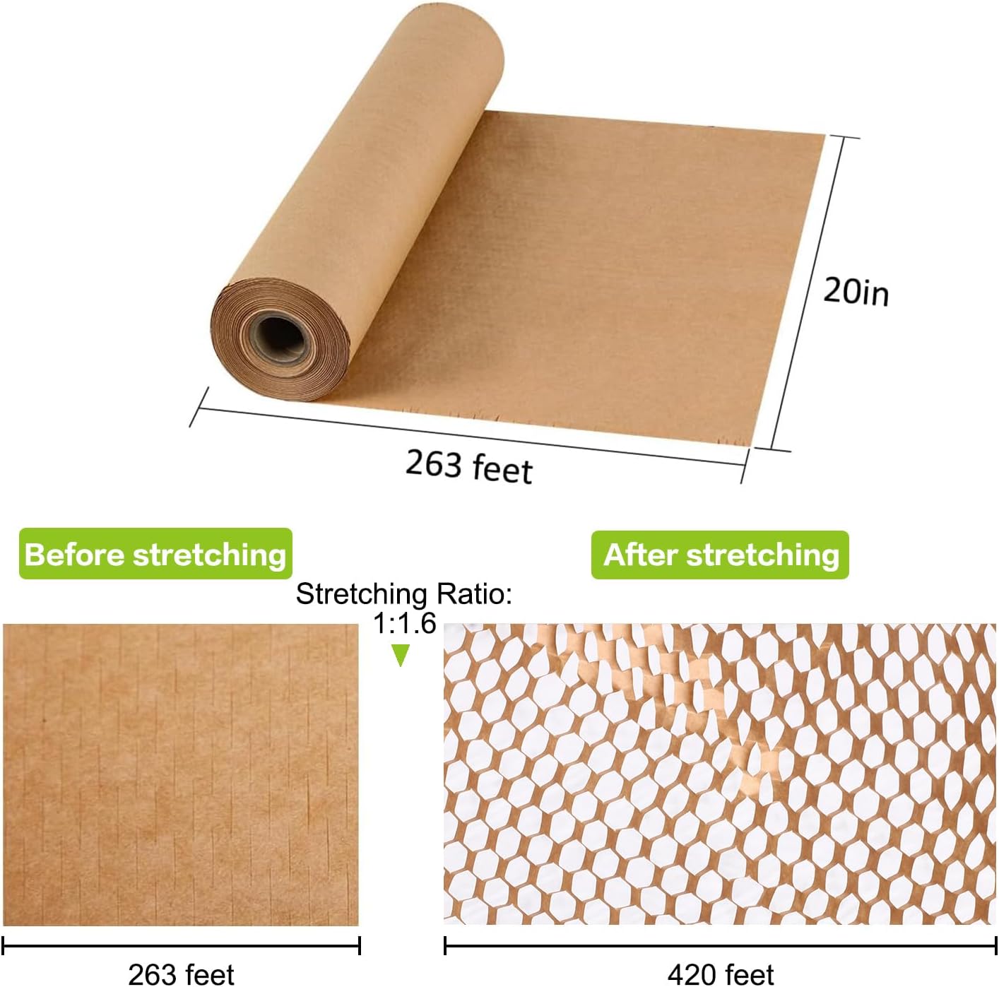 Honeycomb Packing Paper 20" x 420' Recyclable Cushion Packing Paper Expanding Honeycomb Packing Paper Wrap Roll Eco Friendly for Moving Shipping Gift Packaging Breakables-Brown