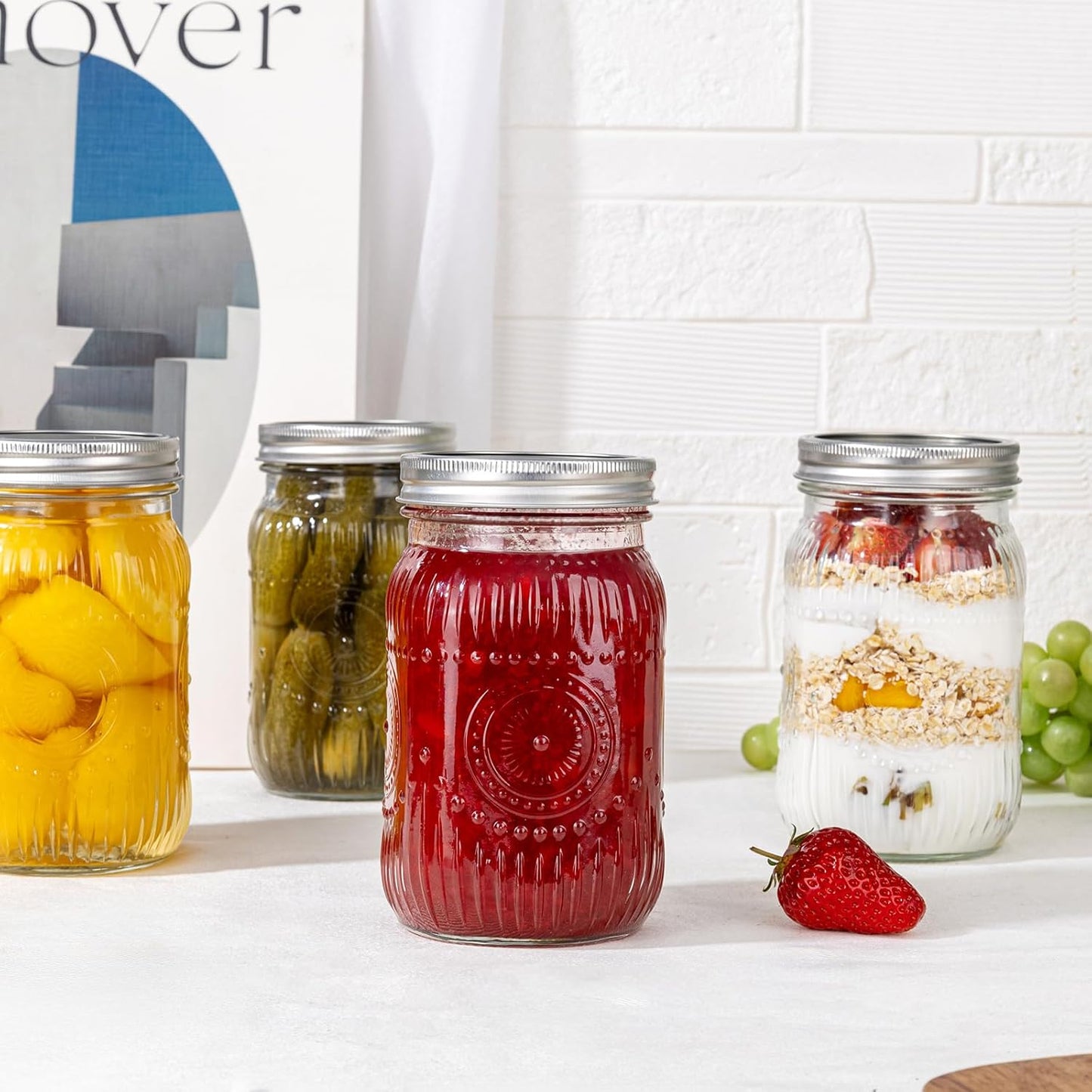 WELLIFE Wide Mouth Mason Jars, 6 Pcs Mason Jars 32 OZ for Preserving,Jam,Honey,Wedding Favors,Sauces,Meal Prep,Salad,Yogurt & Decor