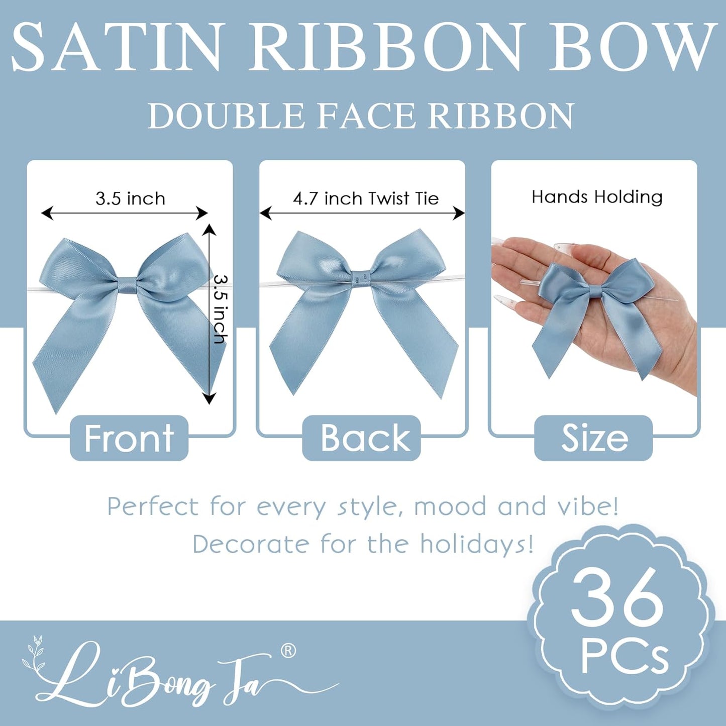 3.5" Dusty Blue Bow Satin Pre-Tied Bows for Gift Wrapping, Small Bows for Crafts, Premade Bows, Candy Apple Bows, Twist Tie Bows for Cake Decorating, Party Favor, Wedding Decoration-36 Counts