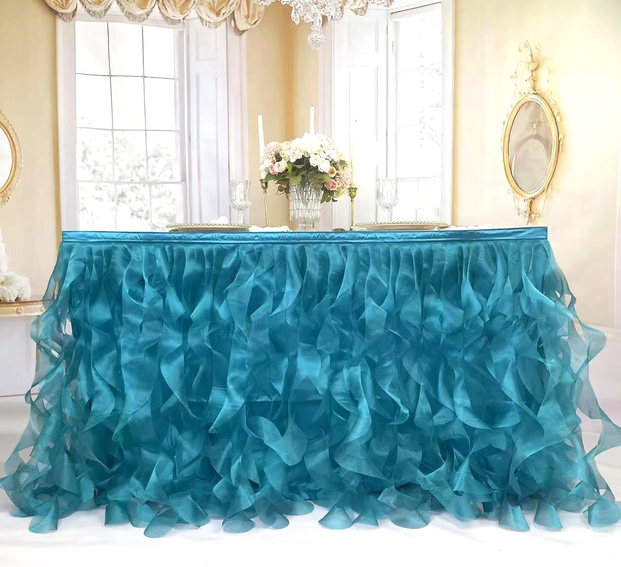 Luxury Organza Mesh Table Skirt Draping Floating Romance - Perfect for Bridal Showers, Birthday Weddings - Clear Flowing Decoration for a Wonderful Main Cake Table (Teal Blue-6ft, 72"Lx30"H)