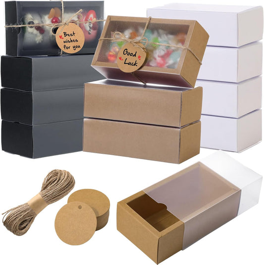 Roowest 50 Sets Kraft Soap Boxes Rectangle Packaging Box with Window Homemade Gift Box with Blank Tags and Jute String for Jewelry Candy Wrapping Party Favor(6.3 x 3.5 x 2 Inch,3 Colors)