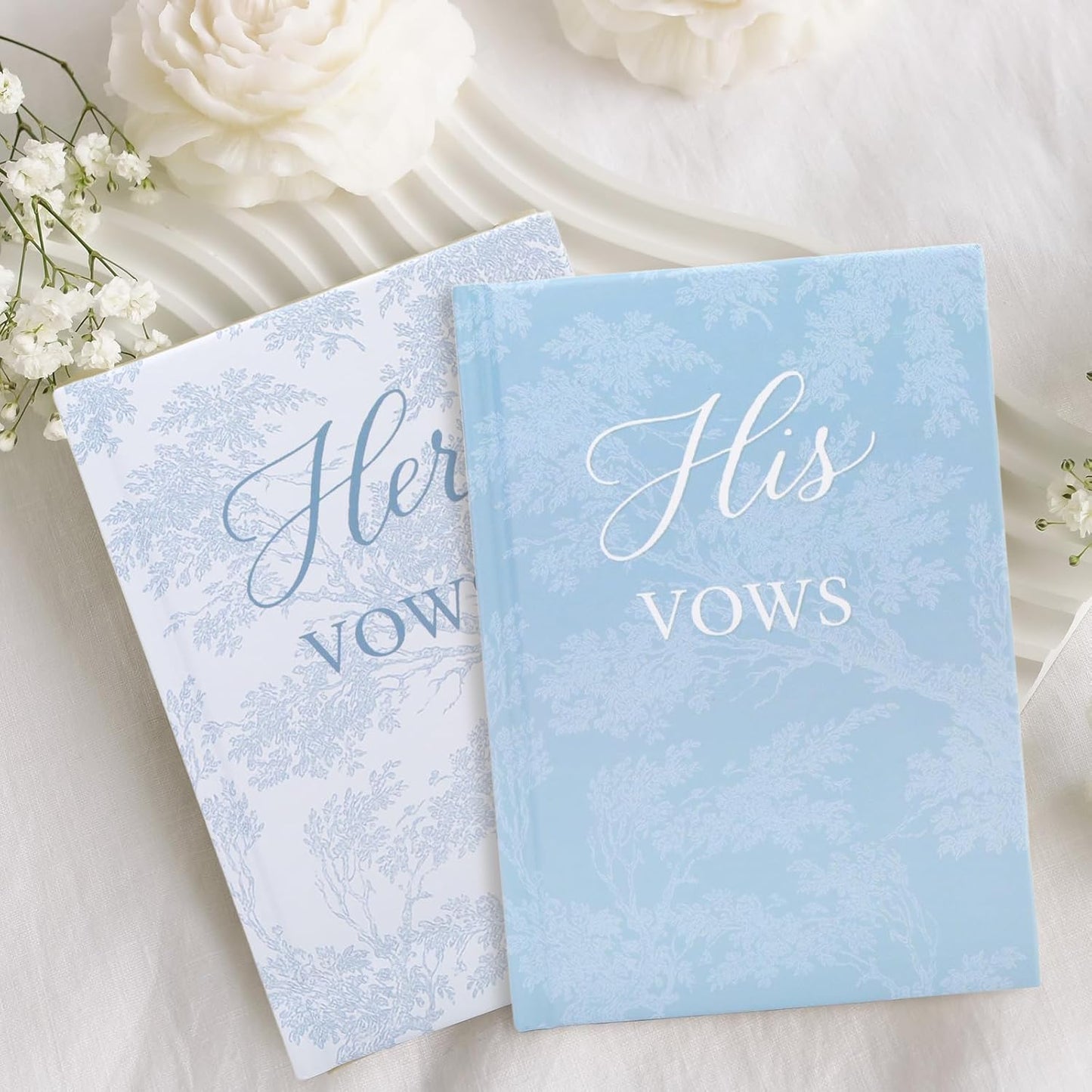 His and Hers Vow Books for Wedding, 2 Pack Hardcover Vows Book with Toile-Inspired Design, 48 Sheets 120gsm Thick Paper, Elegant Wedding Ceremony Stuff, 4.13" × 6", Blue
