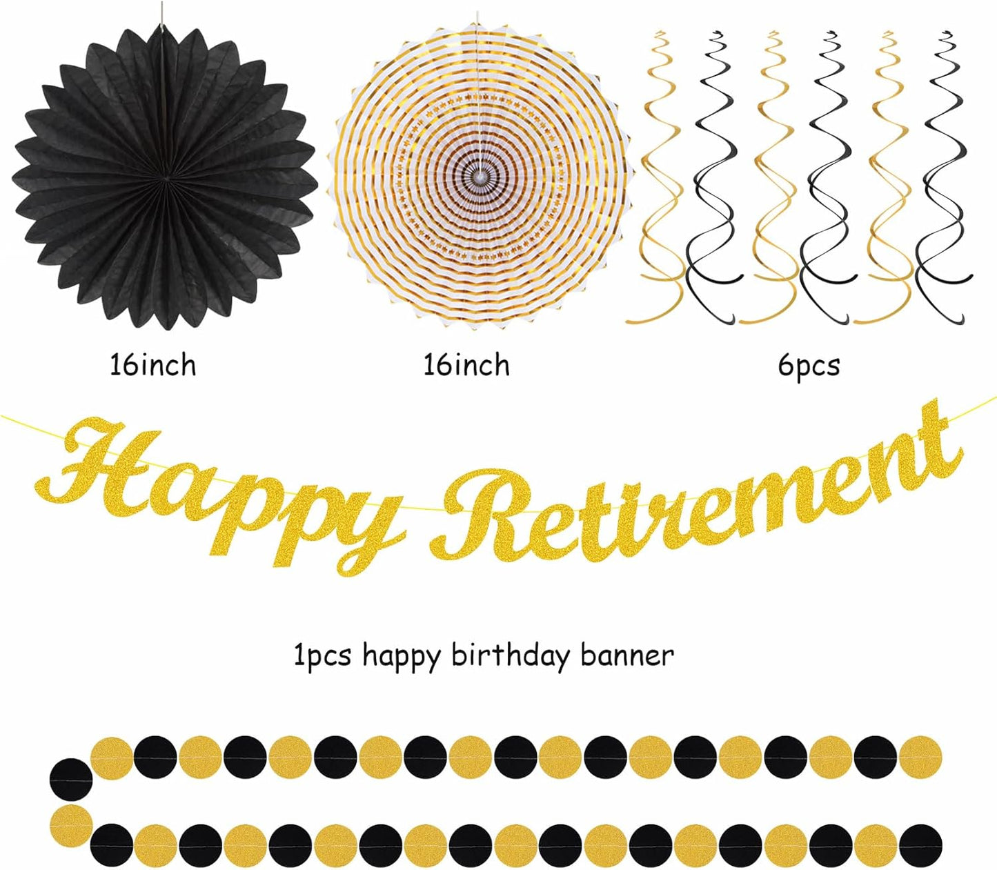 Black Gold Women-Men Happy-Retirement Party-Decorations - 21pcs Celebration Banner,Paper Streamers Lanterns Honeycomb,Tissue Flowers Pom Poms Fan, Classroom Backdrop Supplies Garland Decor Huglony