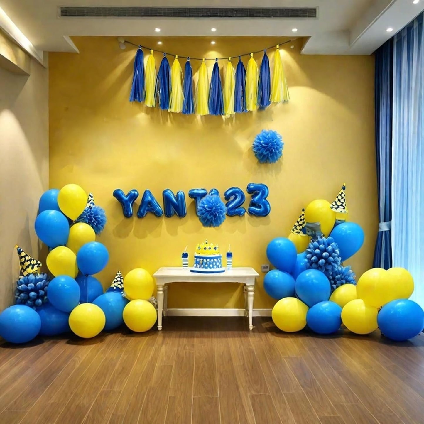 Aimto 20pcs Blue and Yellow Shiny Tassel Garland Banner Tissue Paper Tassels for Party Decorations