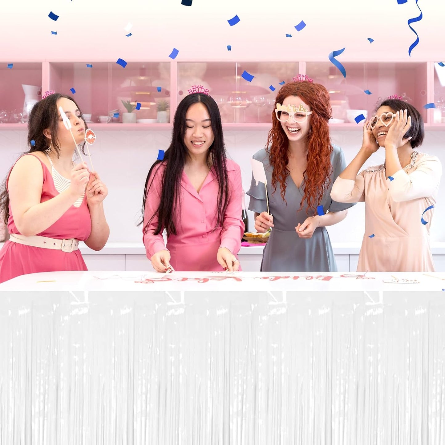 3 Pack 29 x108 Inch Macaron White Foil Fringe Table Skirts Metallic Banner for Tinsel Streamer Garland Backdrop for Parade Floats Wedding Thanksgiving Birthday Christmas New Year Party Decoration