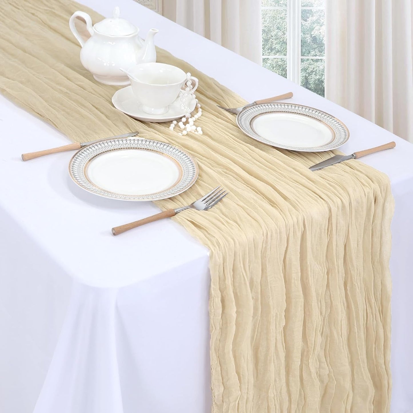 12 Pack Beige Cheesecloth Fall Table Runner 10ft Boho Gauze Fabric Cheese Cloth Table Runner 35 x 120 Inch Rustic Sheer Runner for Thanksgiving Wedding Decor Baby Shower Party Centerpiece Decoration