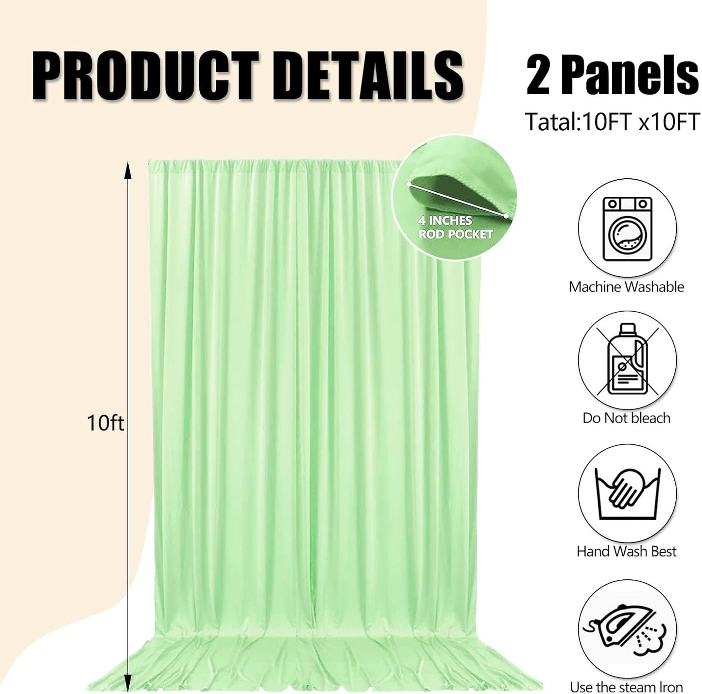 10ft x 10ft Light Green Backdrop Curtains for Parties, Fabric Satin Background Curtain with Rod Pockets for Weddings, Birthday, Baby Shower, Photography, Graduation Party Backdrop Drapes, 2 Panels