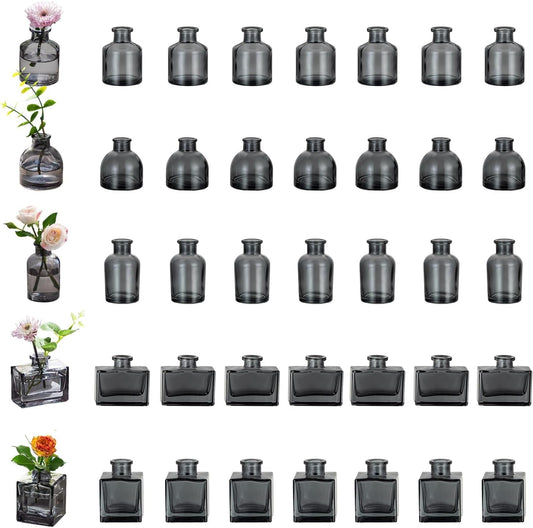 Glasseam Bud Flower Vases in Bulk: 40 Glass Cute Small Vases for Centerpieces Vintage Mini Wedding Birthday Party Table Centerpieces Tiny Baby Shower Dining Room Decoration Black Grey