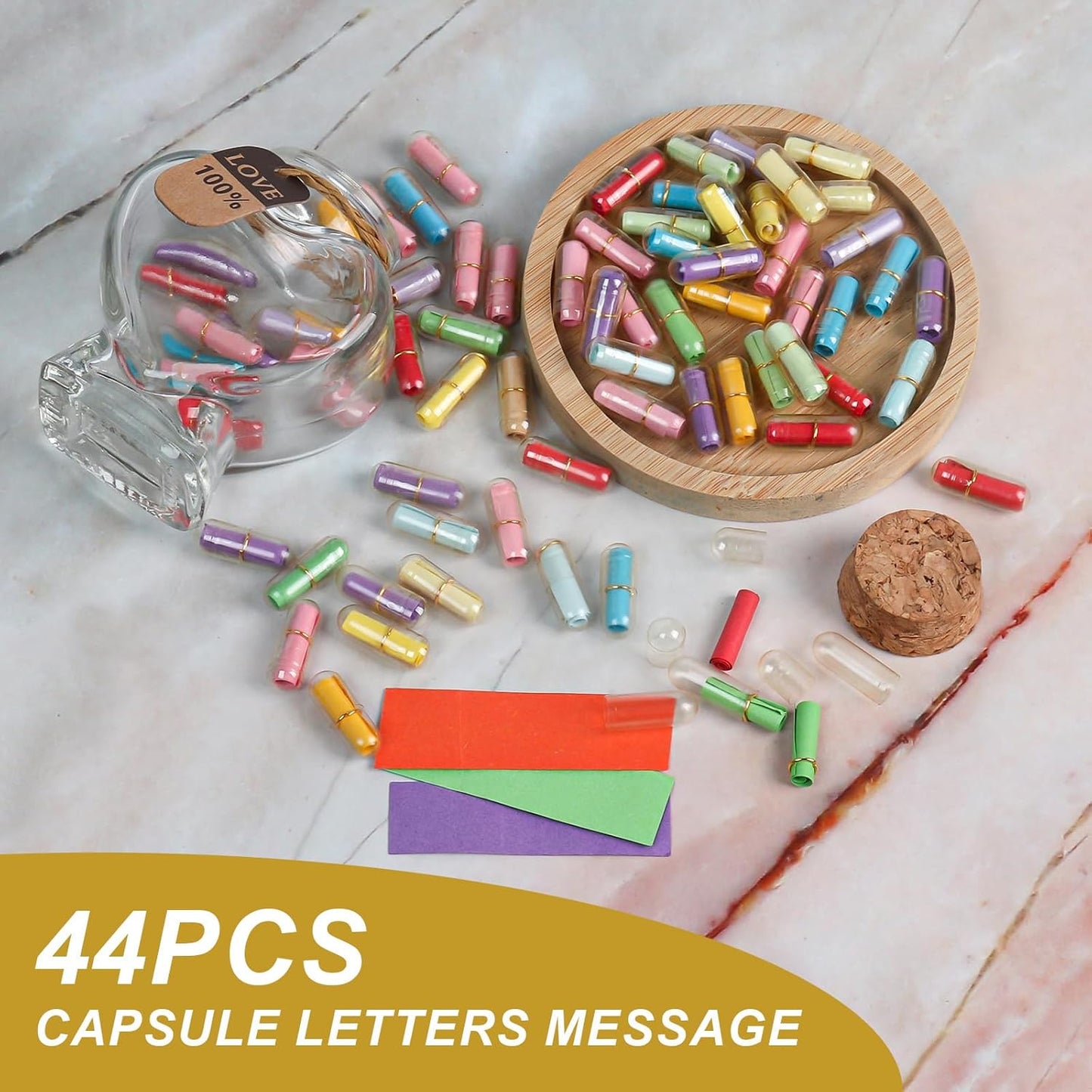 Capsule Letters Message in Glass Bottle，Message Pills Love Letter Gift for Boyfriend Girlfriend Wife Friend Birthday Christmas Anniversary Valentine Day Gift. (44PCS in a Bottle)
