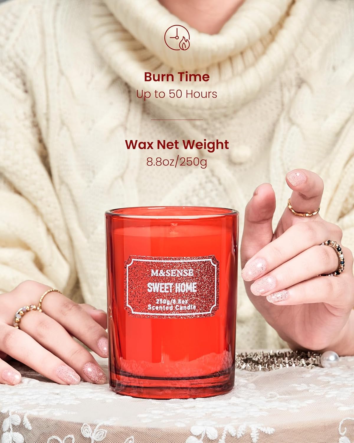 M&SENSE Cinnamon Apple Scented Candles, Classic Size 8.8 oz Glitter Jar Candles, Holiday Candles Gifts for Women, Strong Scented Natural Soy Candle For Winter Home Decor, 50 Hours Long Burning Candles