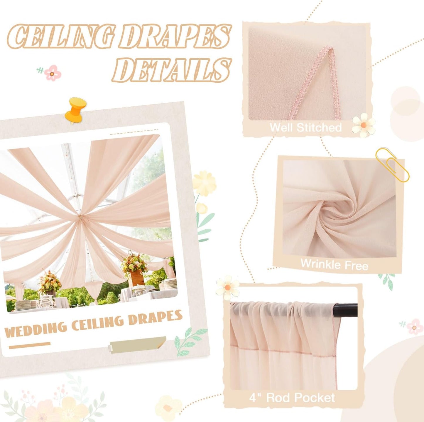 Wedding Arch Draping Fabric 5FTx20FT 2 Panels Ceiling Drapes Champagne Party Decorations Chiffon Backdrop Swag Curtains Sheer Fabric Wedding Arch Drapery Ceiling Tent Drape Decor for Altar Stage