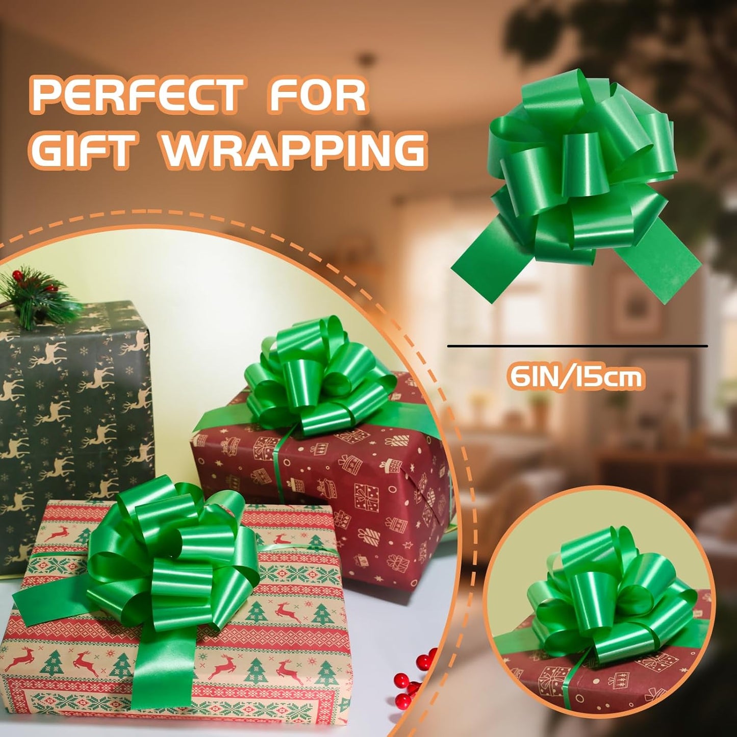 6 Pcs 6 Inch Green Pull Bows, Perfect for Gift Wrapping, Gift Wrapping Baskets Wedding Christmas Party Decorations, Crafts – Quality Pull Bows for Gifts and Decorations