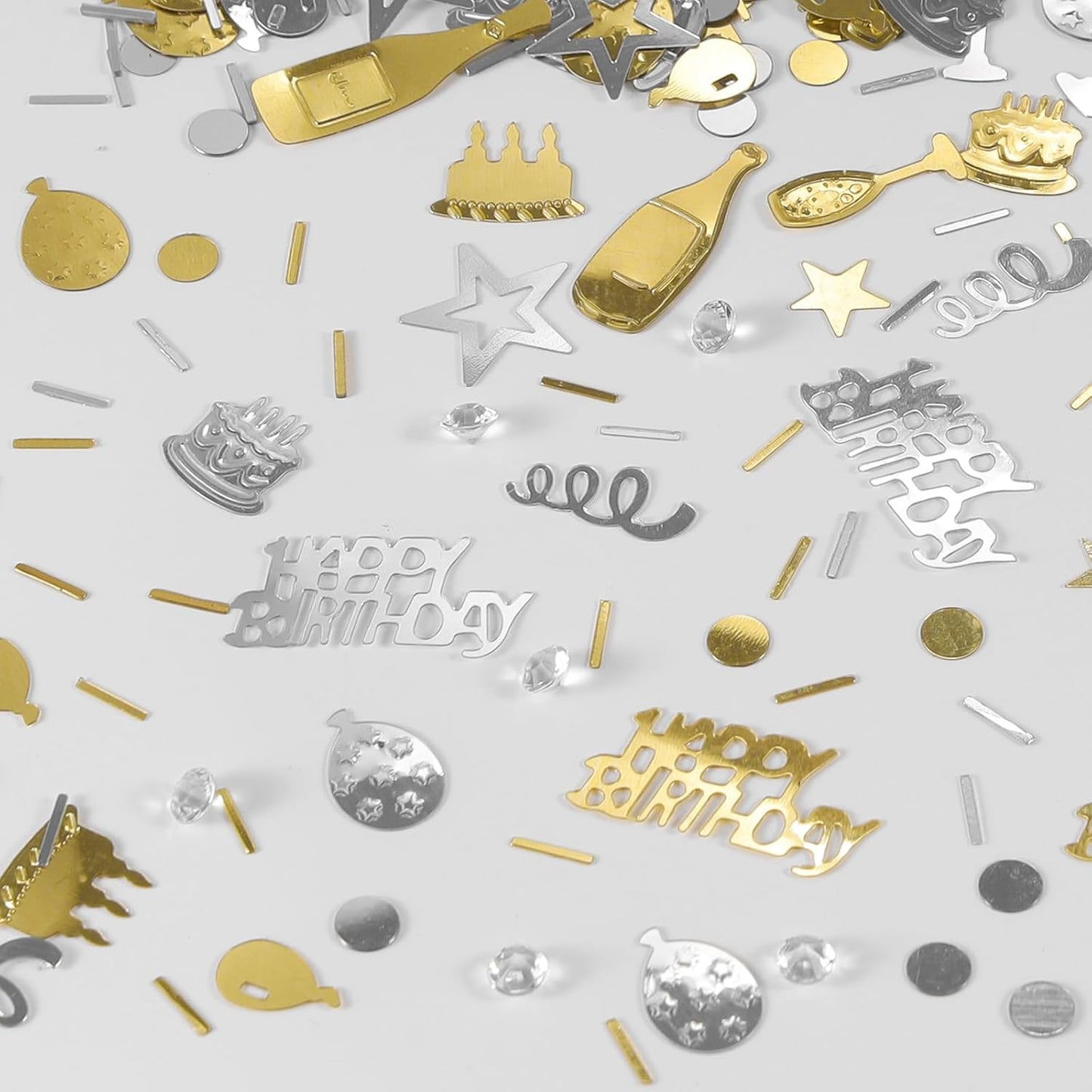 VHUWE Happy Birthday Confetti, 1.6 oz Champagne Gold Silver Cake Balloon Star Goblet Bottle Swirl Glitter Confetti for Boys Girls Kids Women Men Happy Birthday Party Table Decorations Supplies