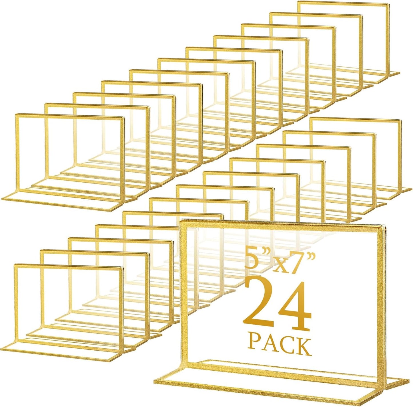 Hoteam 24 Pack 7 x 5 Clear Acrylic Sign Holder with Gold Borders, Gold Picture Frame, Double Sided Wedding Table Number, Acrylic Menu Stands for Wedding Table, Restaurant Sign, Photos Display