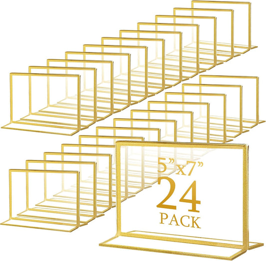 Hoteam 24 Pack 7 x 5 Clear Acrylic Sign Holder with Gold Borders, Gold Picture Frame, Double Sided Wedding Table Number, Acrylic Menu Stands for Wedding Table, Restaurant Sign, Photos Display