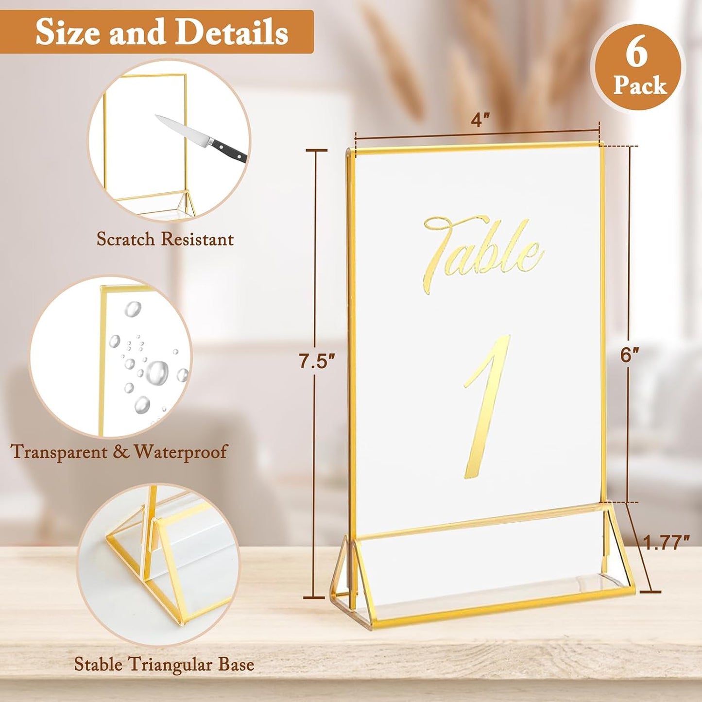 Floroom 6 Pack 4x6 Inch Clear Acrylic Sign Holders, Double-Sided Gold Display Stand Picture Frames for Table Numbers, Menus, Flyers, Weddings, and Offices