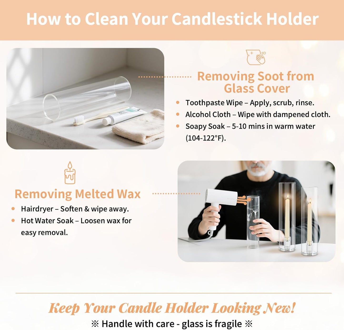 NUPTIO Hurricane Glass Candle Holders: Set of 2 Candlestick Holder with Cylinder Covers 11.8 inch Tall Windproof Clear Taper Candle Stand for Fall Thanksgiving Christmas Decor