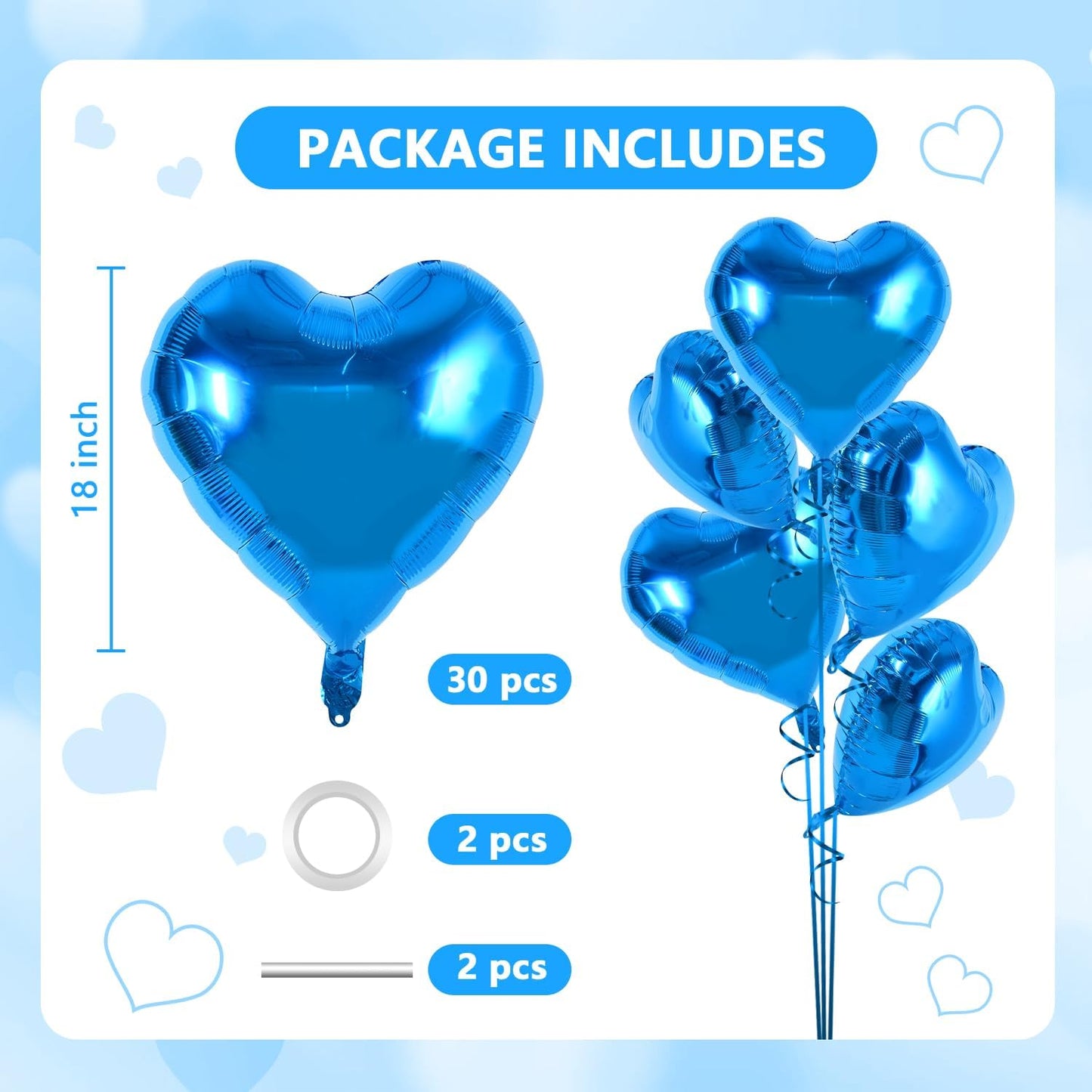 TONIFUL 30Pcs 18 Inch Blue Heart Balloons Blue Heart Shape Foil Mylar Balloons Decoration for Birthday Valentine's Day Wedding Bridal Shower Anniversary Engagement Party Supplies