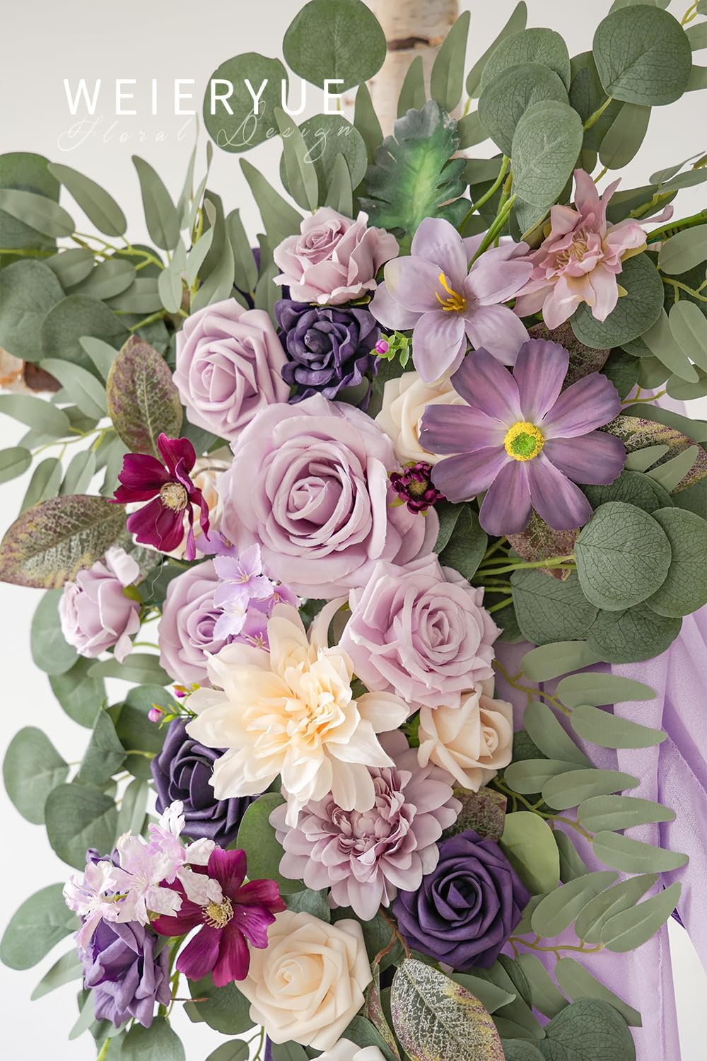 Deluxe Purple Artificial Wedding Arch Flowers with Drapes Kit-Pack of 5, 2pcs Flower Arrangements 3pcs Hanging Sheer Drapes Blue Ceremony Arbor Reception Backdrop Rose Floral Decorations.