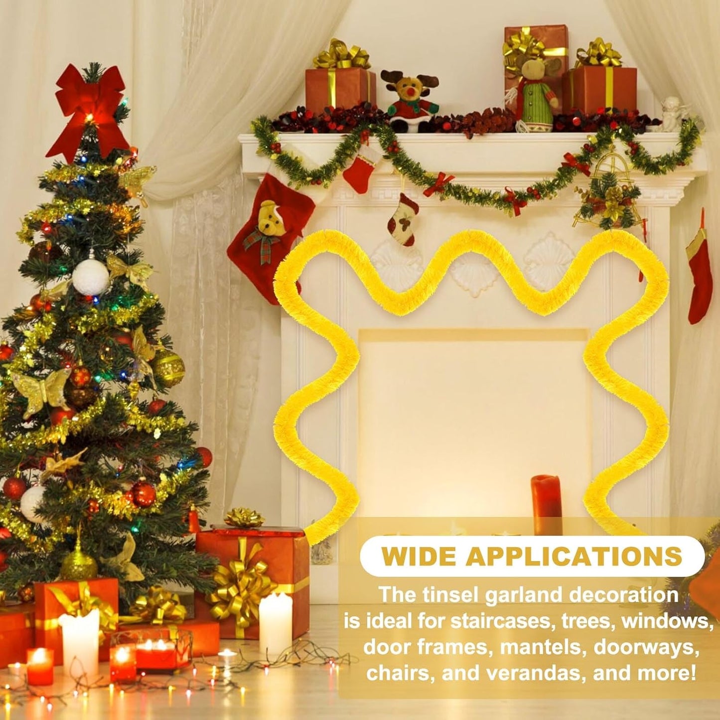 25 Feet Macaron Yellow Christmas Tinsel Garland, Metallic Foil Twist Banner Wall Hanging Tinsel Streamers Backdrop for Parade Floats, Christmas, Mother's Day, Birthday Party Decorations(4in x 25ft)