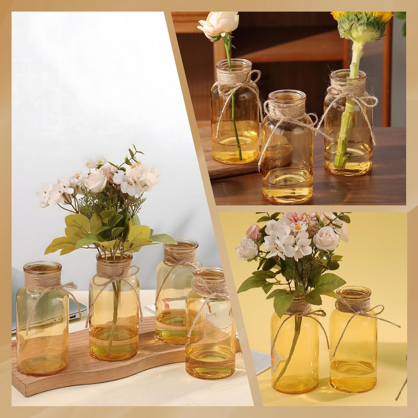 Gold Vases for Centerpieces Set of 6, Mason Jars Boho Cylinder Bud Vases in Bulk, for Weddings Parties Vintage Home Decor