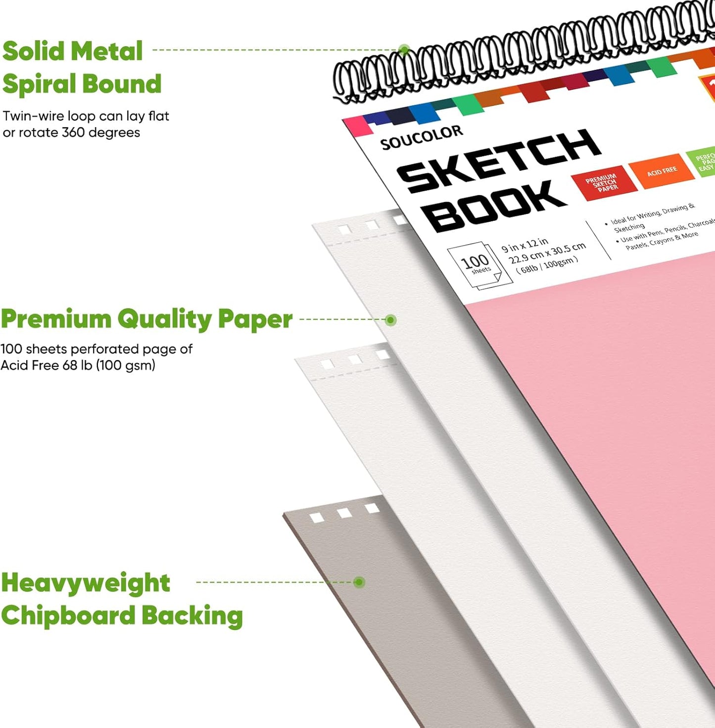 Soucolor Cute Sketchbook 9" x 12" for Women, 1-Pack 100 Sheets Spiral Notebook Drawing Pad for Girls, Pastel Girls' School Art Supplies for Beginner Artists, Arts and Crafts Gifts Set for Kids Adults