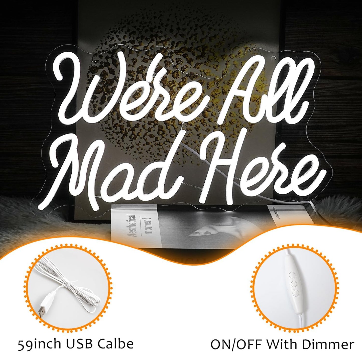 We Are All Mad Here Neon Sign Letter LED Neon Lights Dimmable USB Powered 16.5’’X9.4’’Cool Wall Decorative Light Bedroom Bar Birthday Party Decoration Gifts （White）