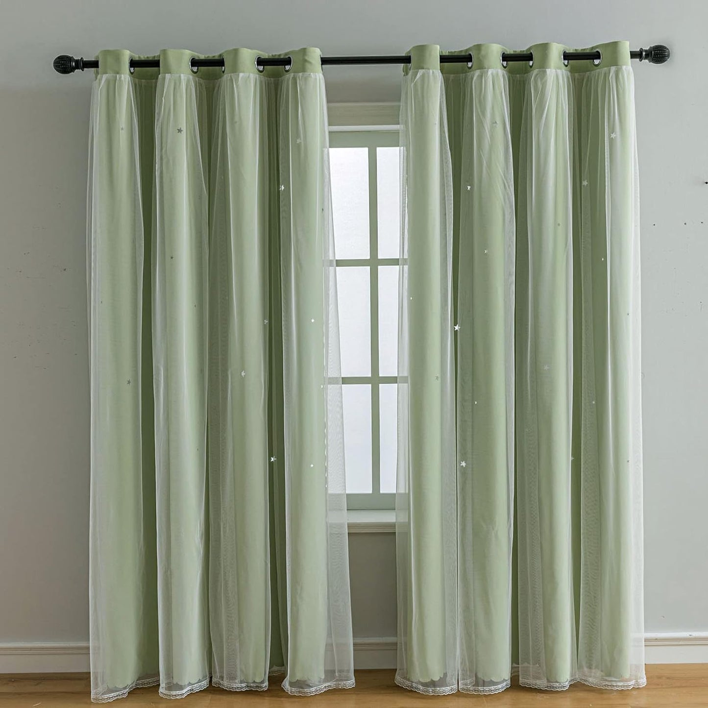 FANLI 2 Panels Star Blackout Curtains for Kid Girls Bedroom Living Room Darking Stripe Double Layer Star Cut Out Wall Home Decor Gradient Grommet Window Curtains (Green 84L)