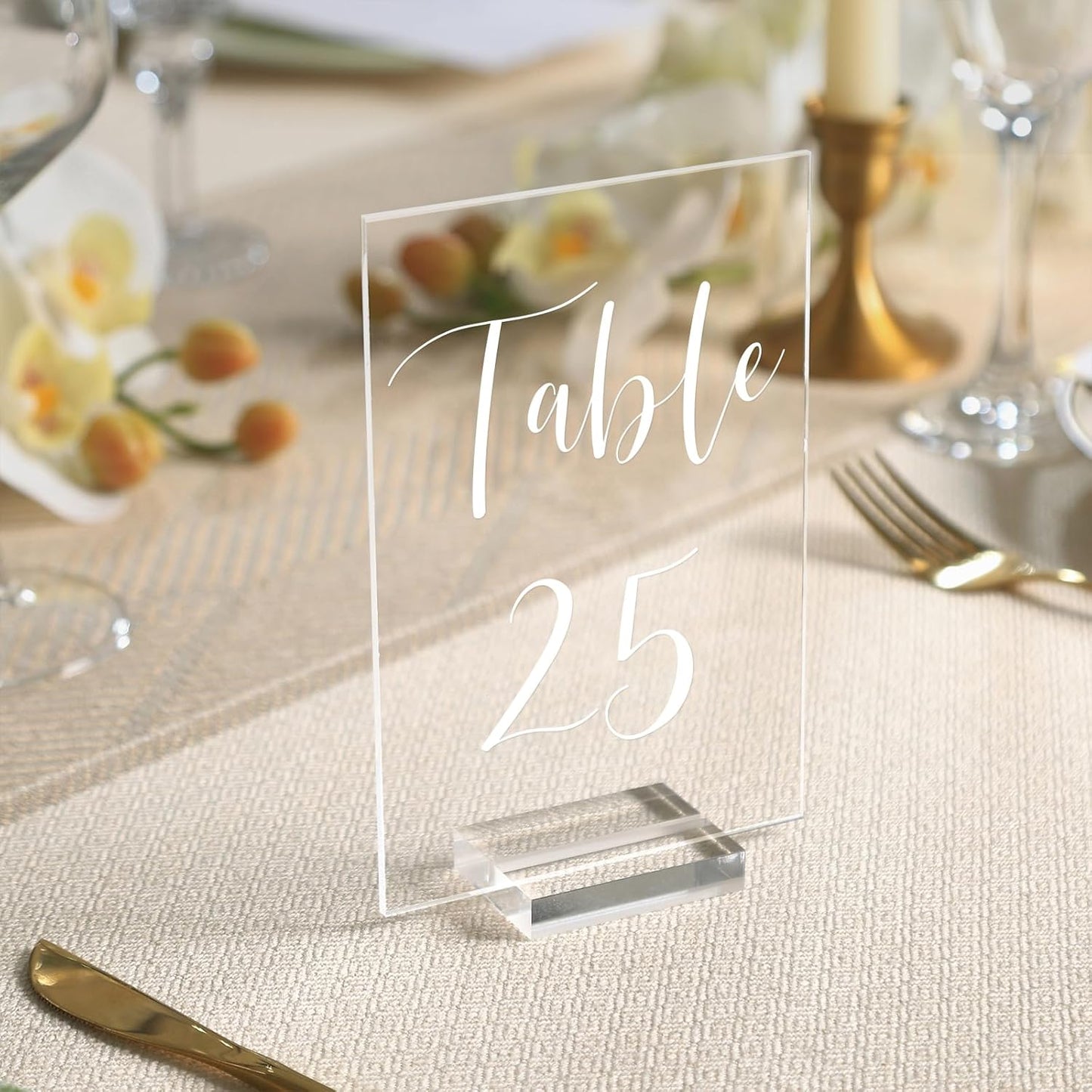 UNIQOOO Acrylic Wedding Table Numbers 1-25 with Stands | 4x6 inch Printed Calligraphy, Clear Table Number Signs and Holders | Perfect for Wedding Reception, Centerpiece Decoration, Event, Party