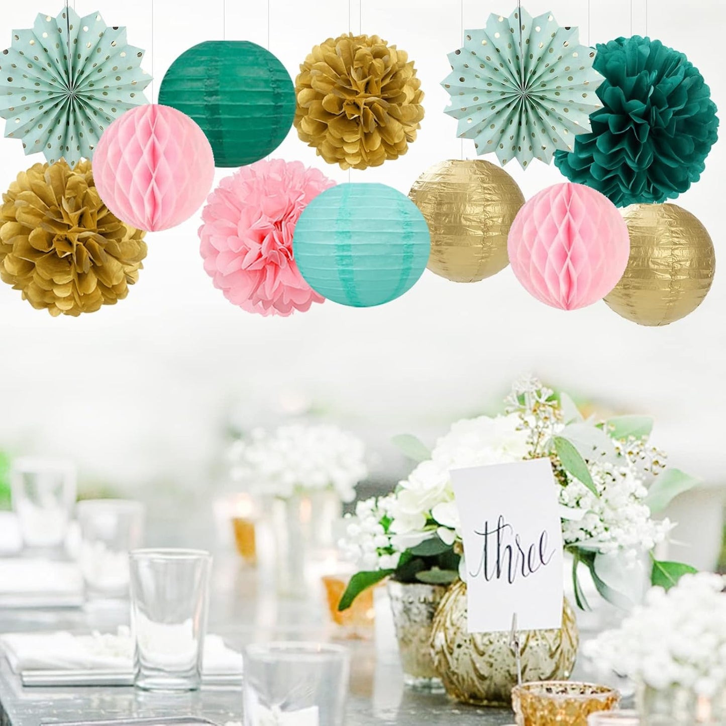 Sage-Green Pink-Gold Baby-Shower Party Decorations - 14pcs Teal Wedding Paper Lanterns Fan,Tissue Pom Poms Streamers,Honeycomb Balls,Birthday Bachelorette Engagement Bridal Decor Lasting Surprise