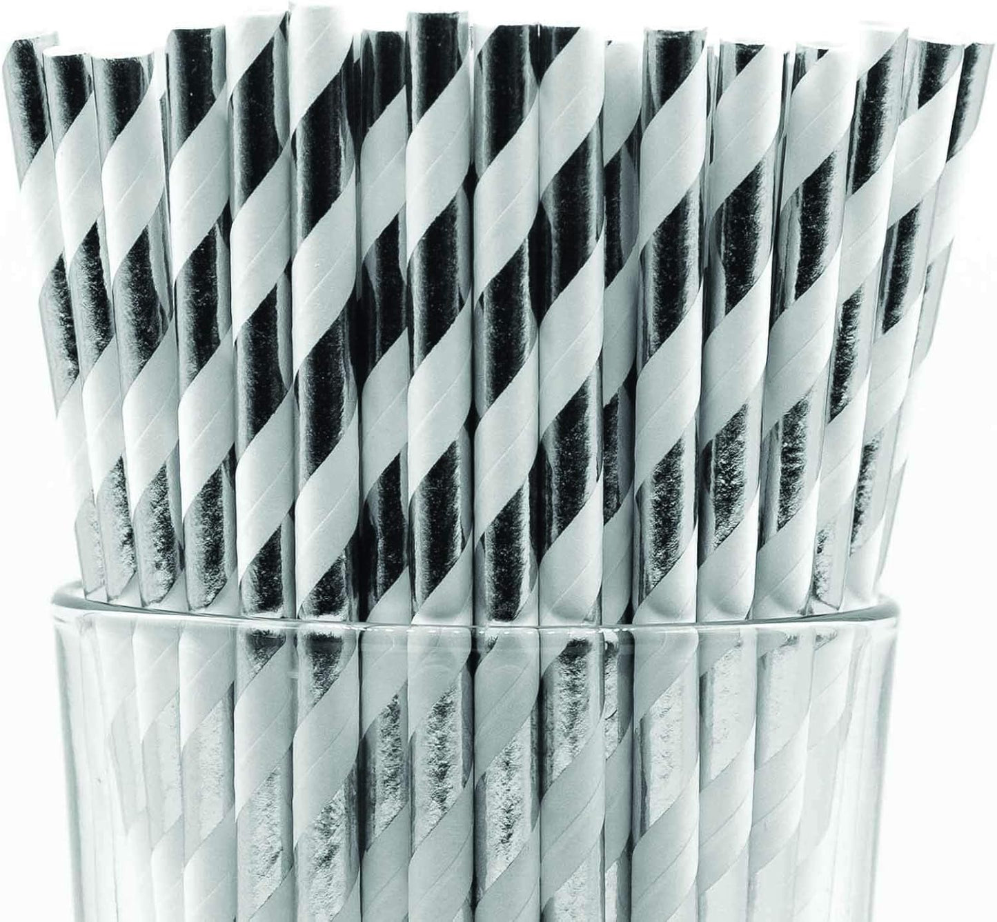 Pack of 300 Silver Foil Swirls Biodegradable 4-Ply Paper Drinking Straws (Compostable, Non-toxic, BPA-free)