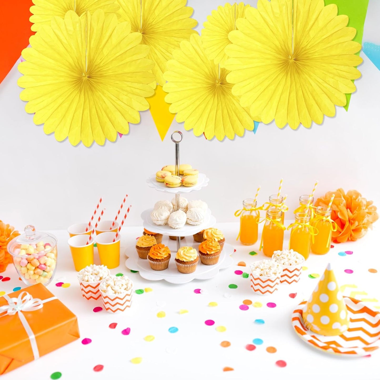 20 Pcs Light Yellow Hanging Paper Fan, Round Paper Fans Decorations Set for Weddings, Birthdays, Engagement, Bridal Shower, Baby Shower Event, Graduation, Party Supplies Decor