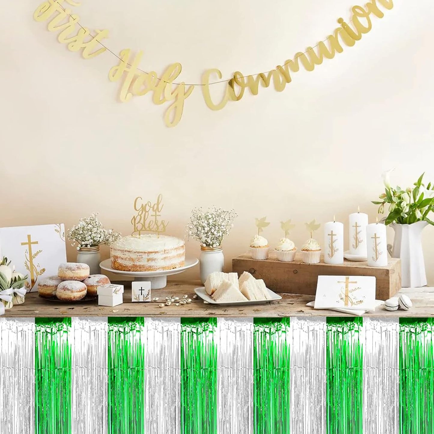6 Pack 29x108 Inch Silver Green Metallic Foil Fringe Tinsel Table Skirts for Rectangle Tables Streamer Curtains Backdrop for Birthday, Parade Floats, Mardi Gras, St Patrick Day Party Decoration